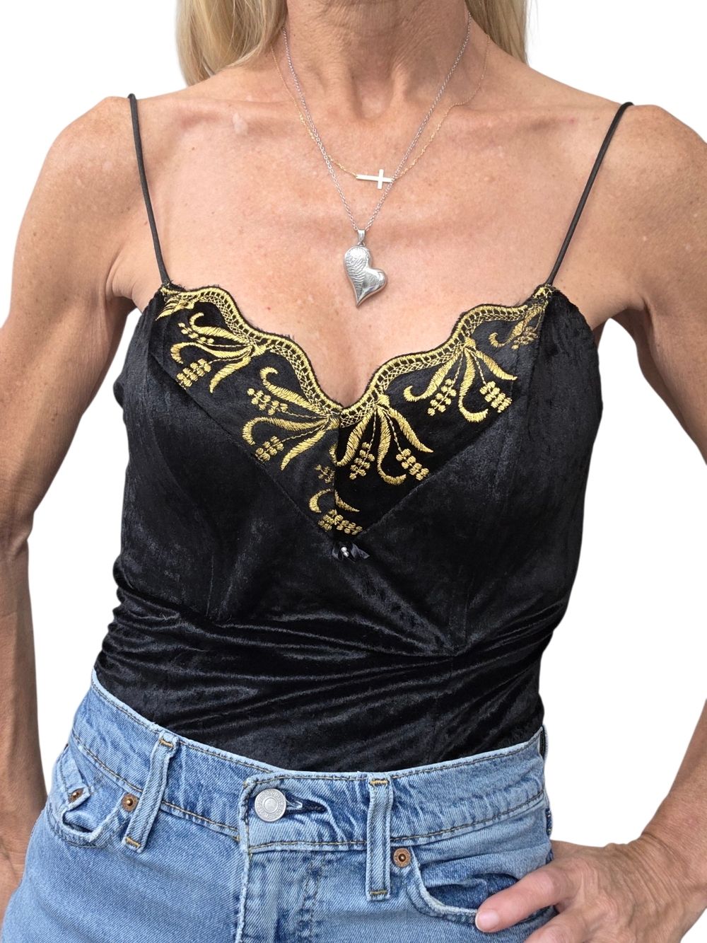 Vintage 90s Madelon Louden Velvet Bustier Bodysuit Gold Embroidery